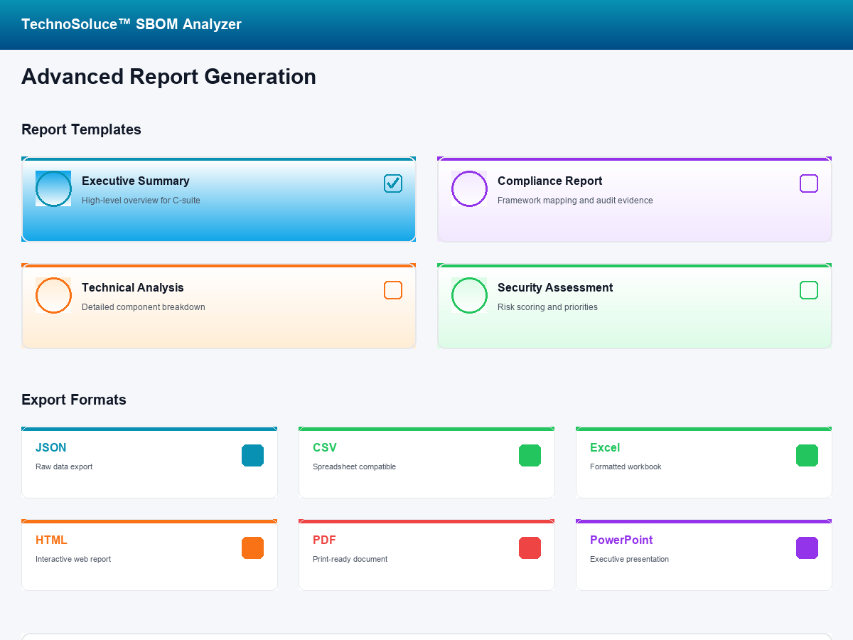 Advanced Report Generation interface showing multiple report templates and export formats including JSON, CSV, Excel, HTML, PowerPoint, and PDF